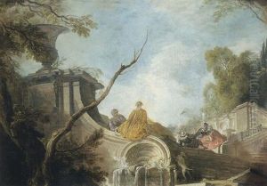 Paysage D'escalier Avec Cinq Personnages Pres D'une Fontaine by Jacques de Lajoue