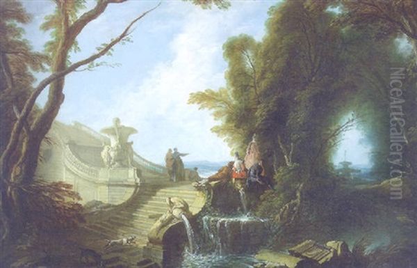 A Elegant Company Seated On A Staircase In A Park With Dogs Playing In The Foreground - view 1