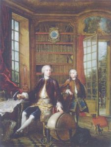 Portrait Of The Artist's Son With His Teacher (the Architect Jean-baptiste De Courtonne The Younger?) In A Library by Jacques de Lajoue