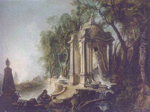 A Wooded Landscape With Marble Pavillion And Fountains, The Sea Beyond - view 1