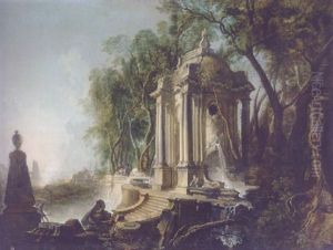 A Wooded Landscape With Marble Pavillion And Fountains, The Sea Beyond by Jacques de Lajoue