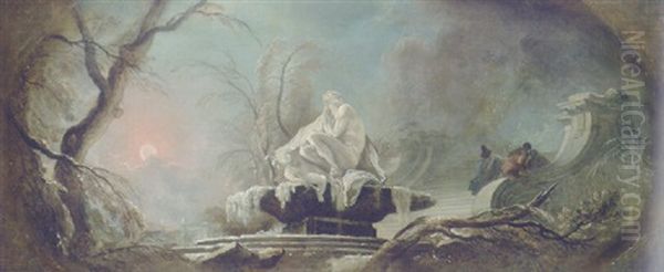 Winter: A Frozen Fountain With Figures On A Staircase - view 1
