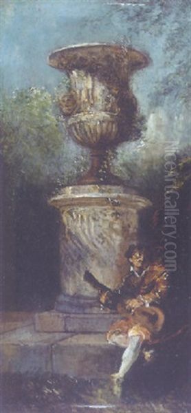 A Guitar Player Before A Classical Urn On A Pedestal - view 1