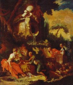 Amorous Shepherds And An Elegant Couple By A Fountain In A Landscape by Jacques de Lajoue