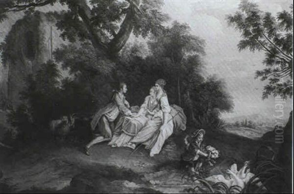 Young Man Kneeling Before Two Ladies Seated Near A Stream - view 1