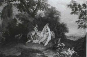 Young Man Kneeling Before Two Ladies Seated Near A Stream