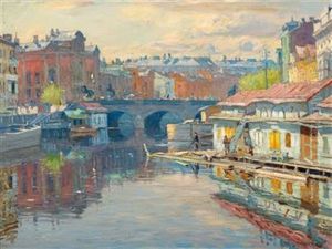 Petrograd. View Of The Anichkov Bridge With The Fontanka River by Arnold Borisovich Lakhovsky
