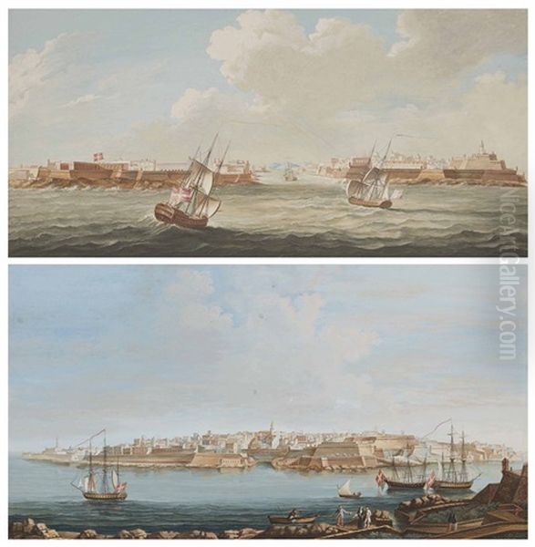 Deux Vues Du Port De Malte Avec Des Voiliers Au Premier Plan - view 1