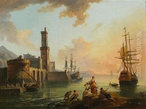 Fishermen And Courtesans In A Mediterranean Port At Sunset; And Fishermen And Oriental Merchants In A Mediterranean Port At Sunrise