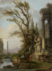 A River Landscape With Figures On The Banks Before Architectural Ruins, A Waterfall Beyond
