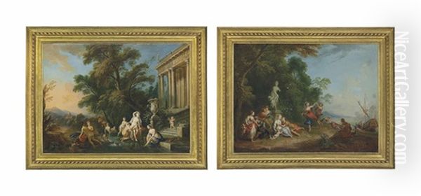 A Wooded Coastal Landscape With Figures Dancing And Resting By A Statue Of Venus, A Ship Beyond (+ Diana And Her Nymphs Bathing; Pair) - view 1