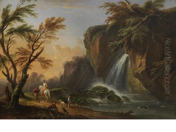 Elegant Figures Before A Waterfall (+ A Drover And His Flock On A Riverside Path With Lightning Striking A Building In The Distance; Pair) - view 1