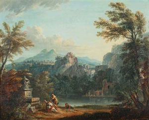 Paysage Arcadien A La Riviere Avec Des Promeneurs Au Pied D'un Tombeau