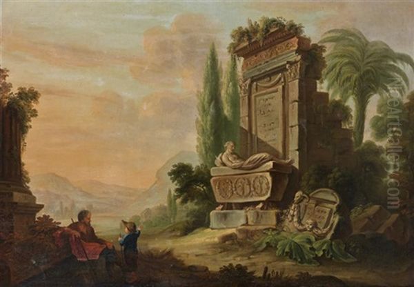 Jeune Garcon Avec Un Vieillard Pres D'une Fontaine - view 1