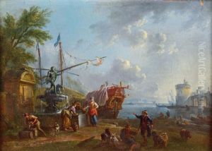 Personnages Pres D'une Fontaine Dans Un Port Mediterraneen by Jean Baptiste Lallemand