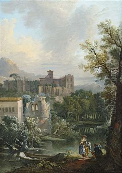 Sommerliche Flusslandschaft Mit Galanter Figurenstaffage Und Aufragender Klosteranlage Auf Einer Anhohe - view 1