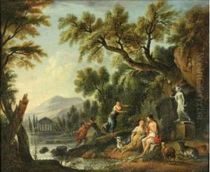 Bergere Et Berger Jouant De La Flute Au Bord D'une Riviere