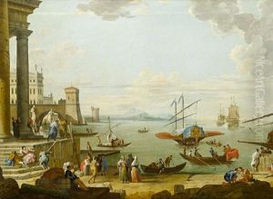 A Mediterranean Port With Elegant Figures On The Quayside by Jean Baptiste Lallemand