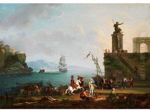 Sudlicher Hafen Mit Reitern, Handelseuten Und Weiterer Figurenstaffage Sowie Grossem Hafenmonument
