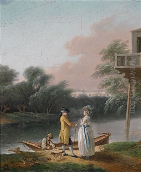 Elegantes Paar An Einem Flusufer Vor Einem Boot (+ Eine Dame Mit Kind Vor Einer Brucke In Einem Wald; Pair) - view 1