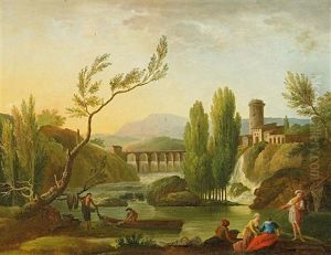 Italienische Flusslandschaft Mit Fischern Am Ufer