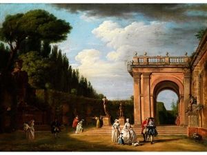 Palastterrasse In Barockem Garten Mit Steinfiguren Und Figurenstaffage by Jean Baptiste Lallemand