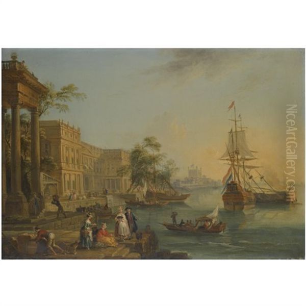 A Capriccio View Of The Custom House And Embankment In London With Figures On The Quay In The Foreground - view 1