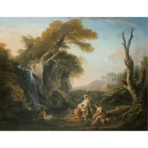 A Classical Landscape With Women Bathing By A Waterfall With Two Boys Looking On
