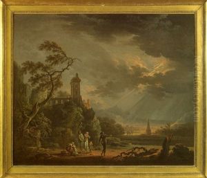Promeneurs Et Pelerins De Saint Jacques Surpris Par L'orage Devant Un Paysage Panoramique