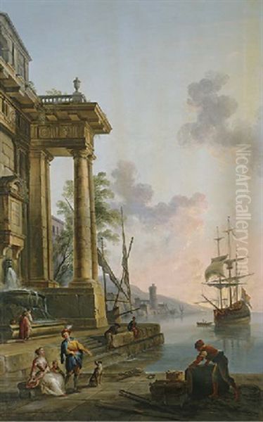 A Mediterranean Port At Sunset With Figures On A Quay - view 1