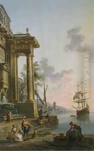 A Mediterranean Port At Sunset With Figures On A Quay