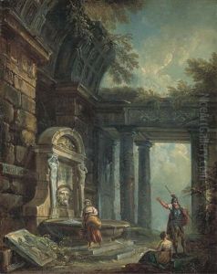 Un Soldat Et Deux Femmes Devant Une Fontaine Antique by Jean Baptiste Lallemand