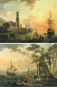 Fishermen And Courtesans In A Mediterranean Port At Sunset (+ Fishermen And Turkish Merchants In A Mediterrenean Port At Sunrise, Insc.; Pair) by Jean Baptiste Lallemand