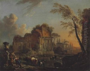 Bergers Et Leur Troupeau Devant Des Ruines Romaines by Jean Baptiste Lallemand