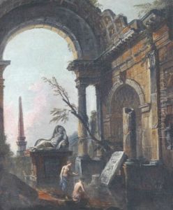 Baigneuses Dans Un Bassin Entoure De Ruines