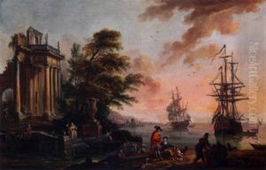 Port Mediterraneen Au Soleil Couchant by Jean Baptiste Lallemand