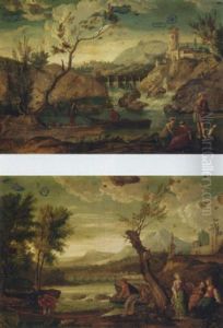 A River Landscape With A Waterfall And Fisherfolk On The Bank, A Fort On A Hill Beyond