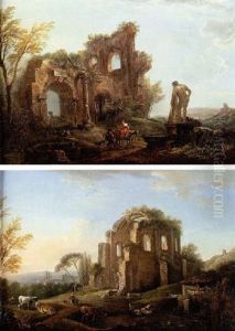 Vue De Ruines Dans La Campagne Italienne Avec L'hercule Farnese by Jean Baptiste Lallemand