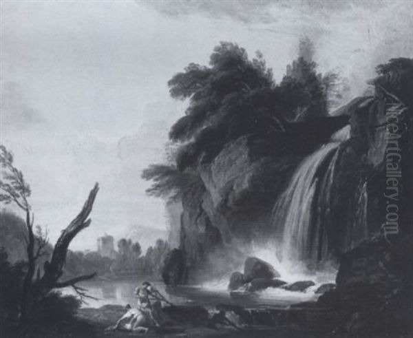 Figures Before A Waterfall - view 1