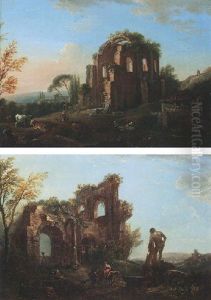 An Italianate Landscape With Figures Amongst Classical Ruins And The Farnese Hercules by Jean Baptiste Lallemand