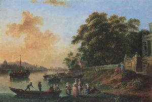 A View (the River Seine?) With The Cathedral Of Notre-dame Beyond, With Elegant Figures At Leisure And A Palace Nearby
