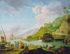 Personnages A La Fontaine Sur Le Quai D'un Port