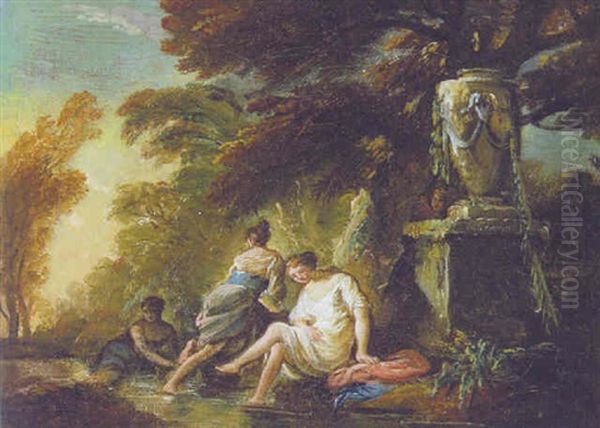 Nymphs Bathing In A Stream By A Sculpted Urn, A Man Looking On - view 1