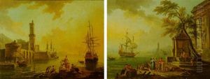 Evening: A Harbour With Fishermen Drawing In Their Nets, Fishsellers Conversing On A Rock In The Foreground And Shipping At Anchor In The Bay Beyond by Jean Baptiste Lallemand