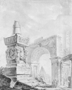 Romische Ruinenlandschaft Mit Dem Grabmal Des Metella, Im Hintergrund Ein Triumpfbogen Und Eine Pyramide Romische Ruinenlandschaft Mit Dem Grabmal Des Metella, Im Hintergrund Ein Triumpfbogen Und Eine Pyramide