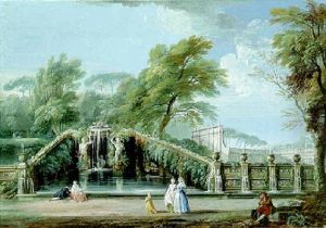 The Garden Of A Roman Villa With Figures By A Fountain Decorated With Atlanti by Jean Baptiste Lallemand