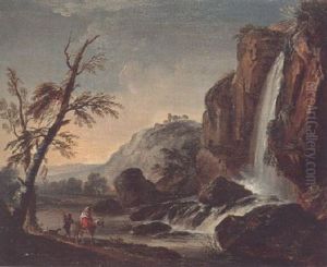 A Rocky River Landscape With Travellers On A Path By A Waterfall by Jean Baptiste Lallemand
