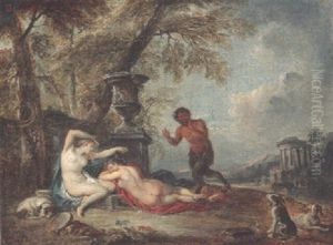 A Satyr And Two Sleeping Nymphs In An Italianate Landscape, A Temple Beyond by Jean Baptiste Lallemand