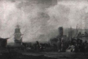 Vue D'un Port Oriental Au Coucher Du Soleil by Jean Baptiste Lallemand