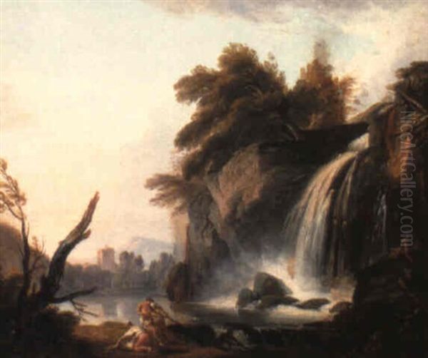 A River Landscape With Fishermen Beside A Cascade - view 1